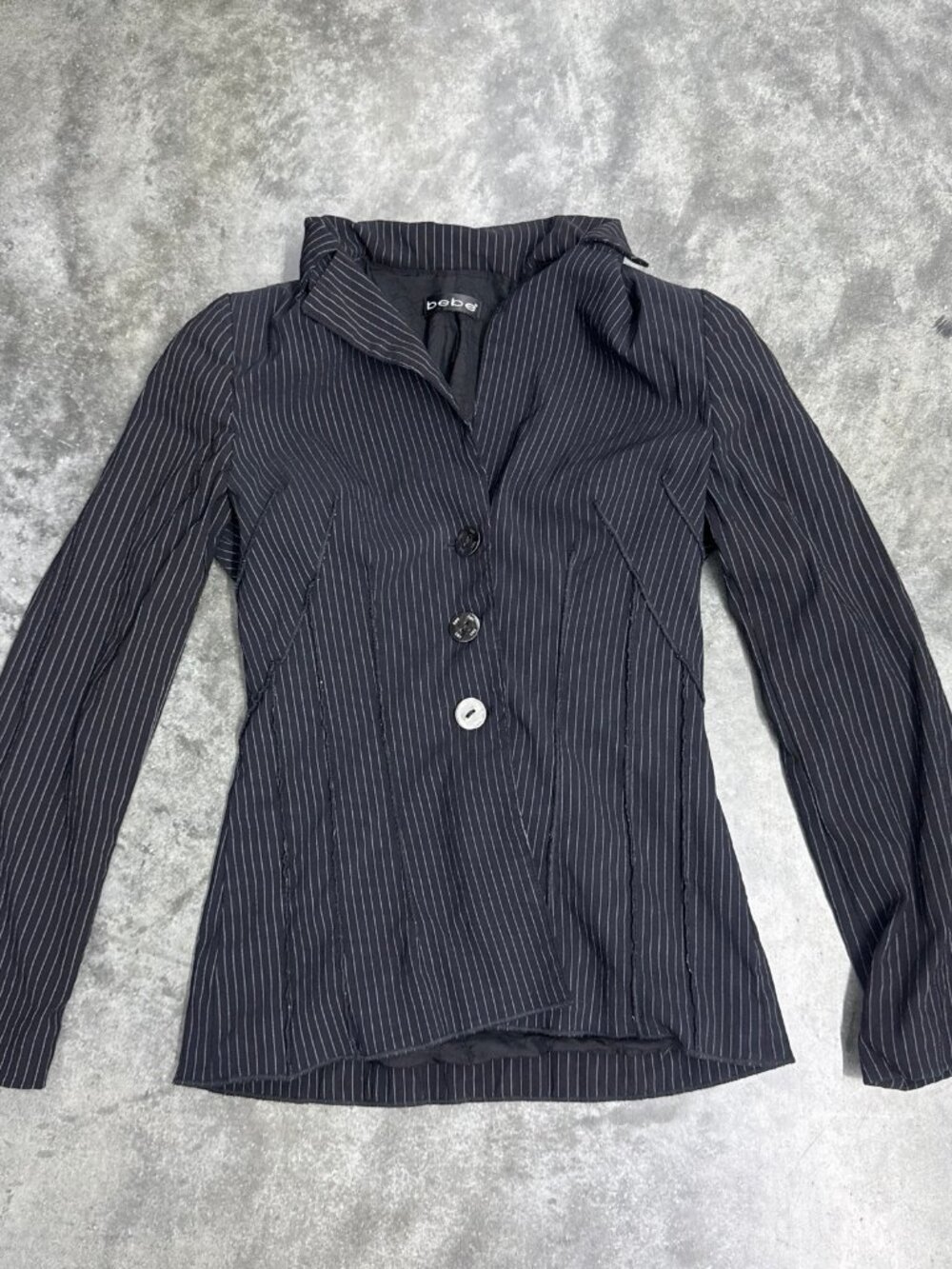 bebe button up blazer black white pinstripe three button raw edge XS